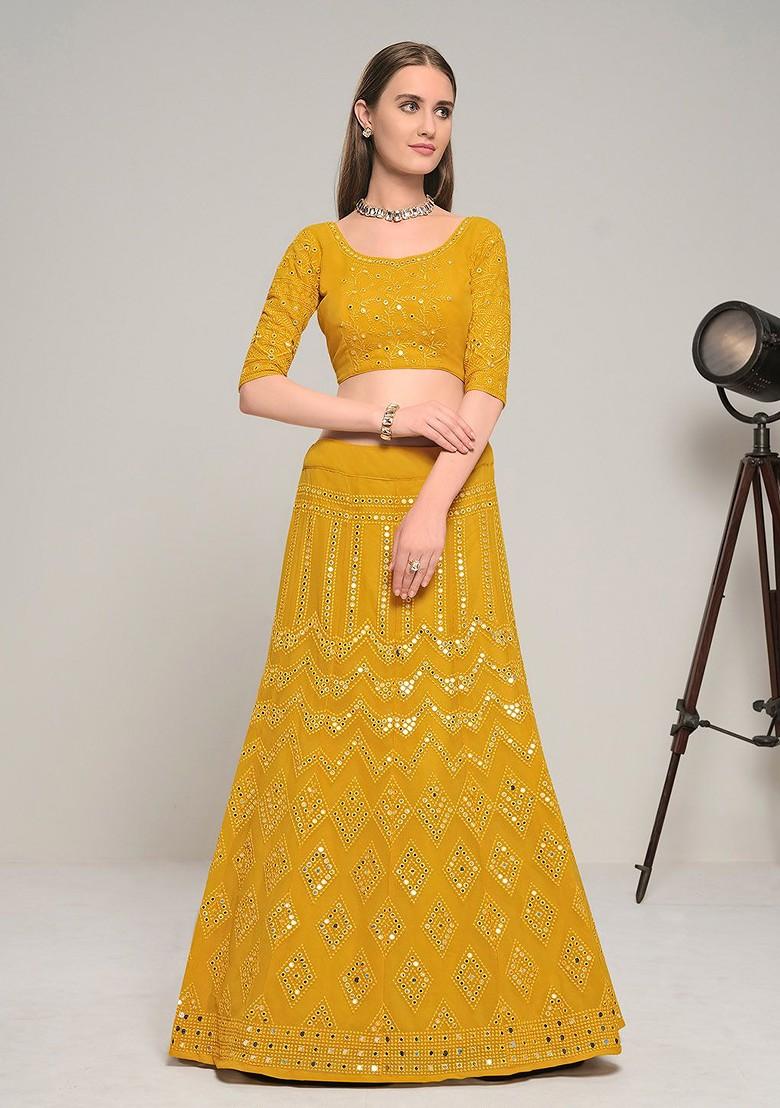 Mustard Yellow Embroidered Poly Blend Lehenga Set
