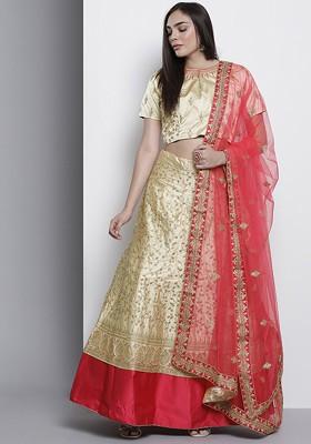 Beige Embroidered Poly Blend Lehenga Set