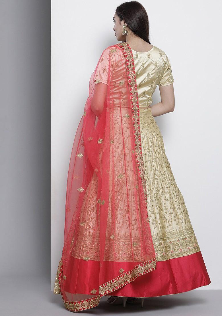 Beige Embroidered Poly Blend Lehenga Set