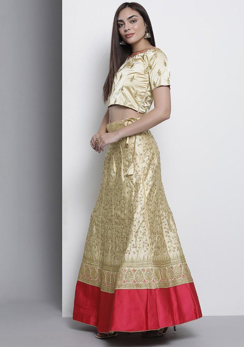 Beige Embroidered Poly Blend Lehenga Set