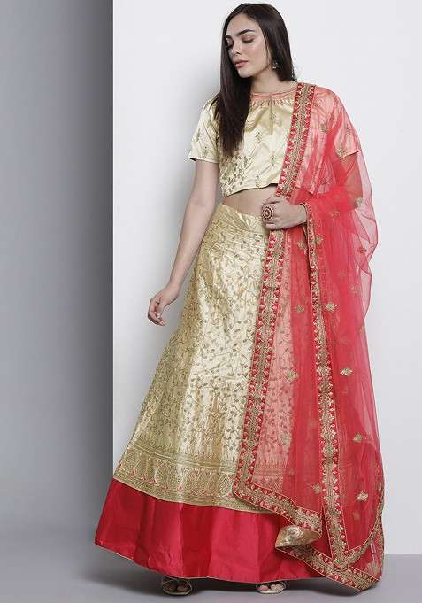 Beige Embroidered Poly Blend Lehenga Set for Diwali and Festive Wear