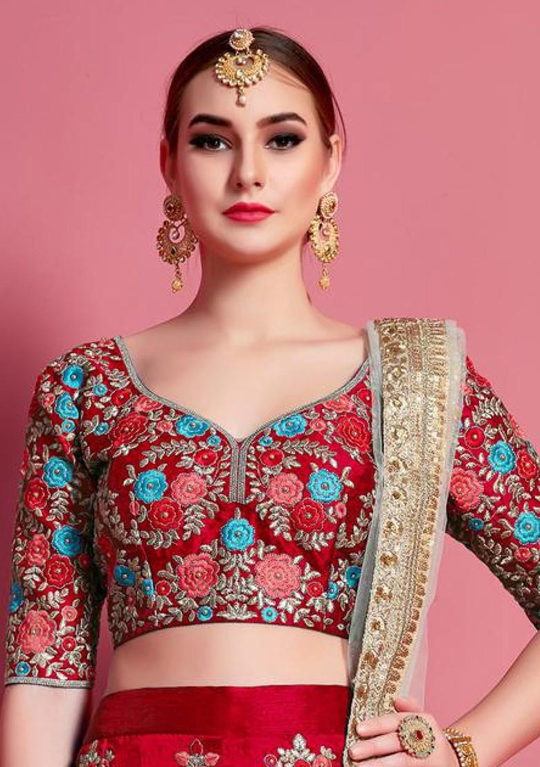 Red Embroidered Poly Blend Lehenga Set