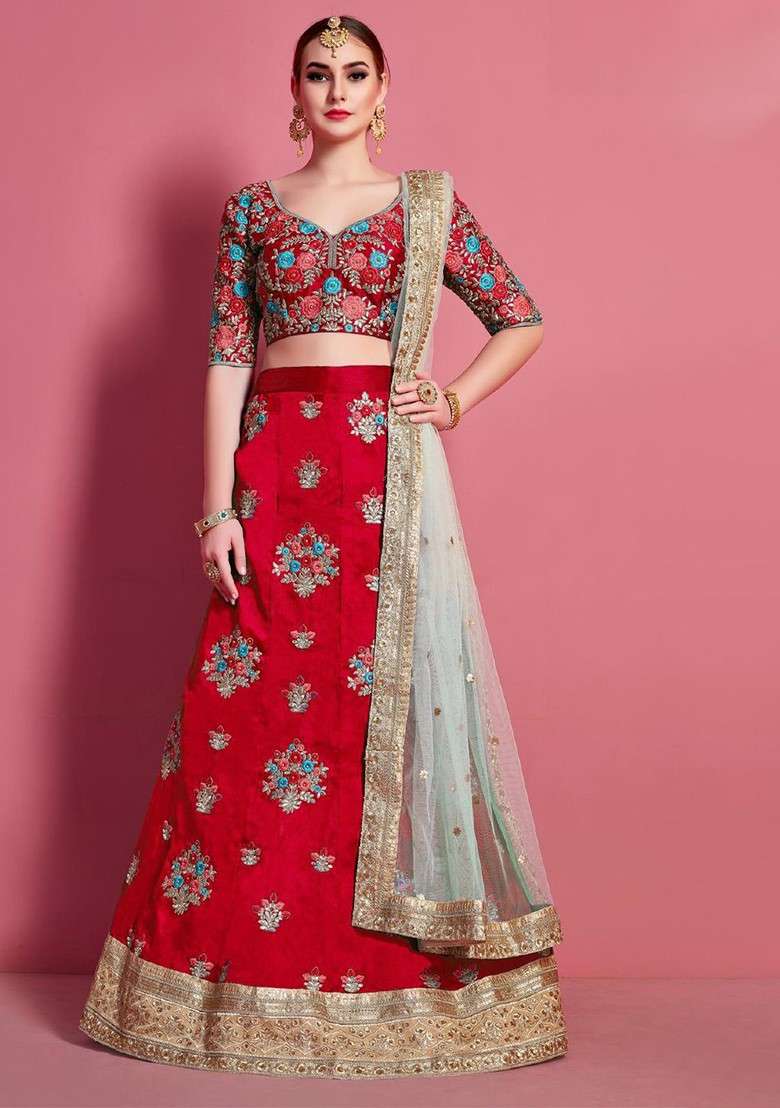 Red Embroidered Poly Blend Lehenga Set for Diwali and Festive Wear - Indya