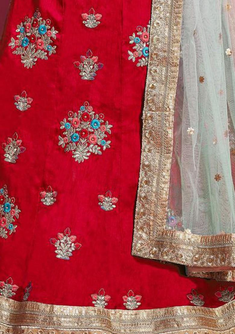 Red Embroidered Poly Blend Lehenga Set