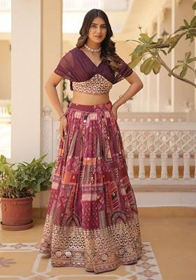 Purple Embellished Poly Blend Lehenga Set