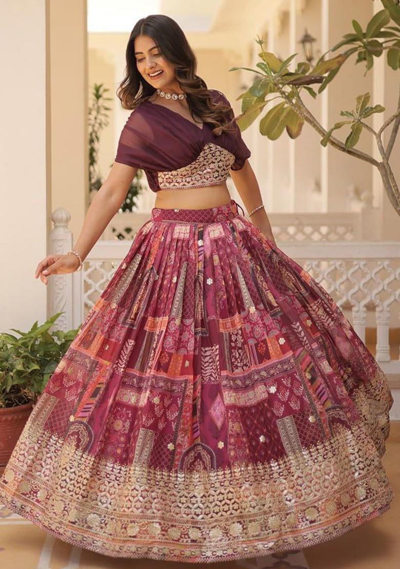 Purple Embellished Poly Blend Lehenga Set