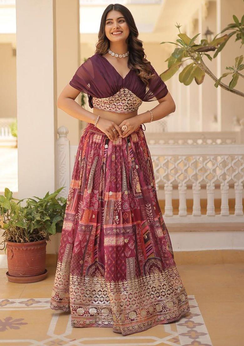 Purple Embellished Poly Blend Lehenga Set