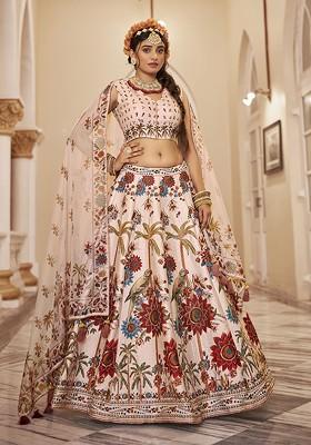 Off White Printed Poly Blend Lehenga Set