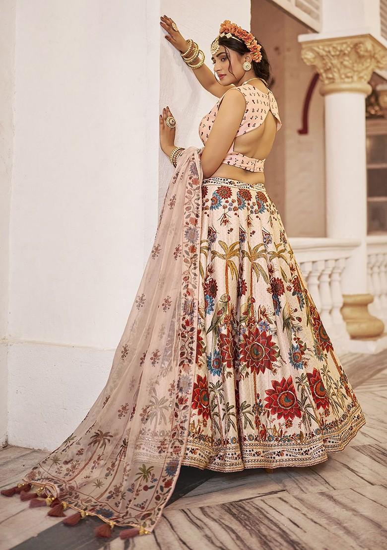 Off White Printed Poly Blend Lehenga Set