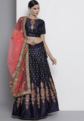 Navy Blue Embroidered Poly Blend Lehenga Set