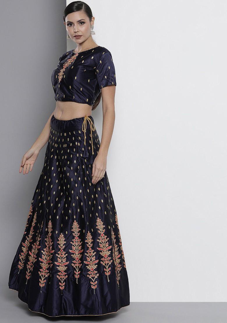 Navy Blue Embroidered Poly Blend Lehenga Set