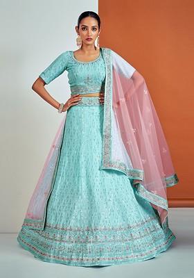 Turquoise Blue Embroidered Poly Blend Lehenga Set