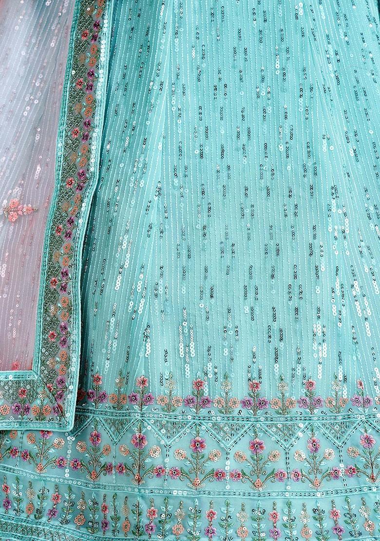Turquoise Blue Embroidered Poly Blend Lehenga Set