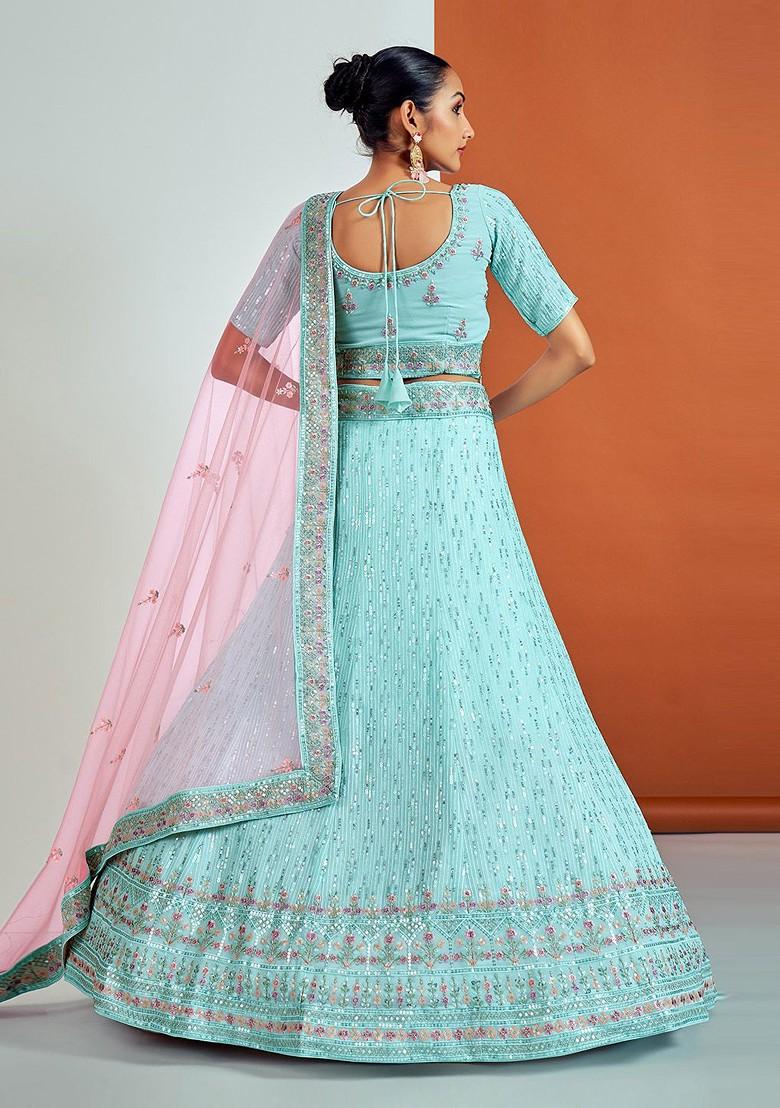Turquoise Blue Embroidered Poly Blend Lehenga Set