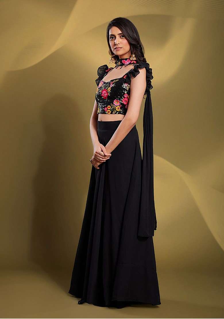 Black Embroidered Poly Blend Lehenga Set for Diwali and Festive Wear - Indya