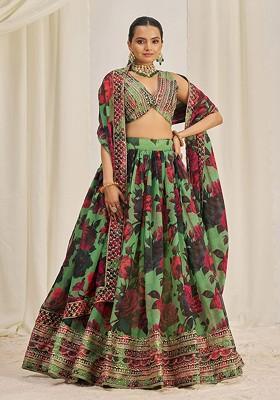 Green Embellished Poly Blend Lehenga Set