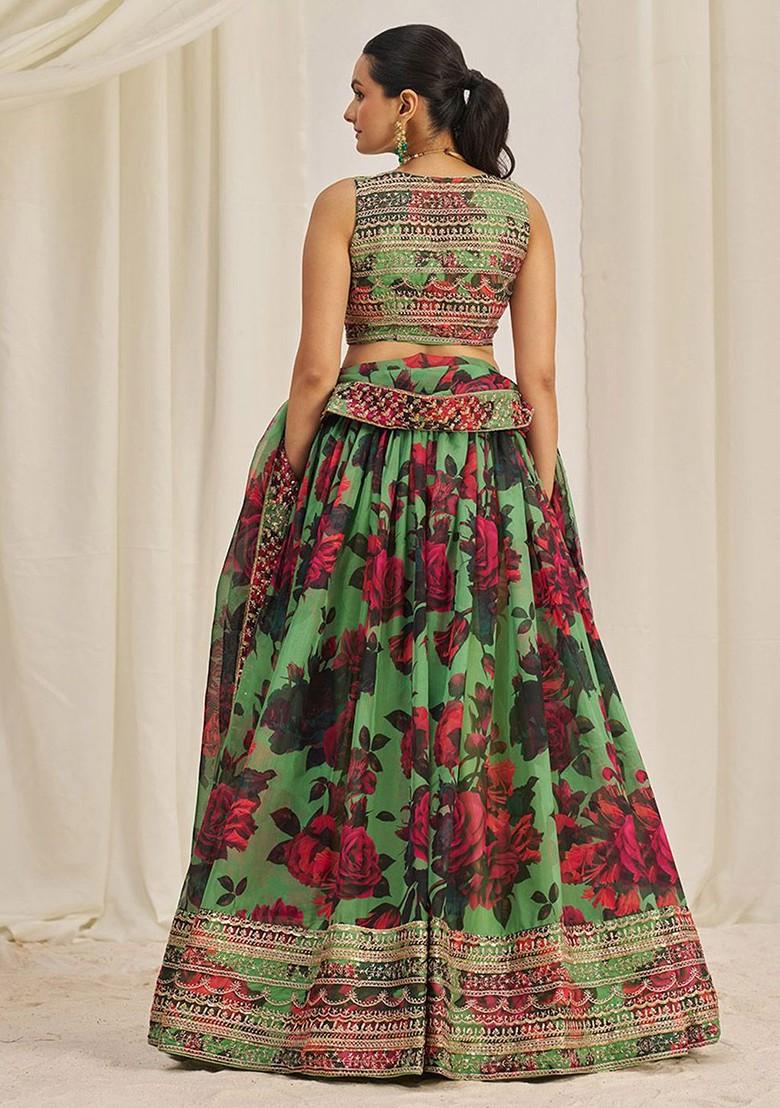 Green Embellished Poly Blend Lehenga Set