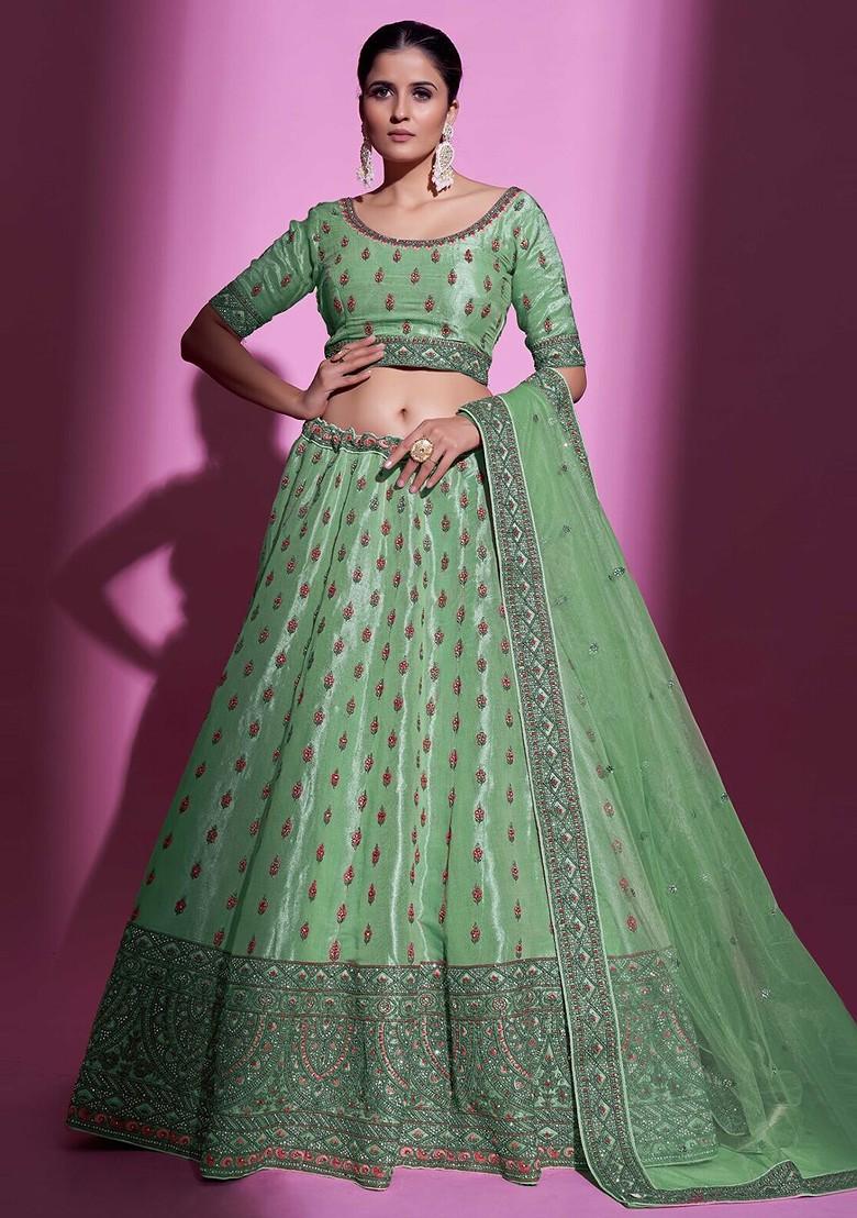 Lime Green Embroidered Poly Blend Lehenga Set