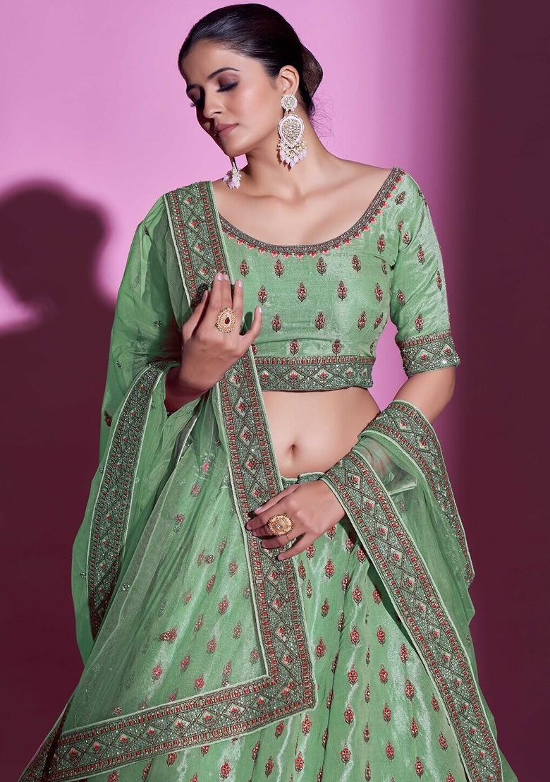 Lime Green Embroidered Poly Blend Lehenga Set