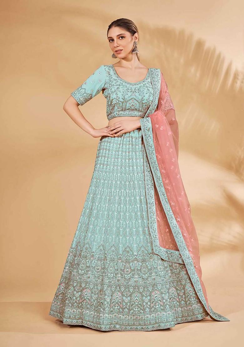 Blue Embroidered Poly Blend Lehenga Set