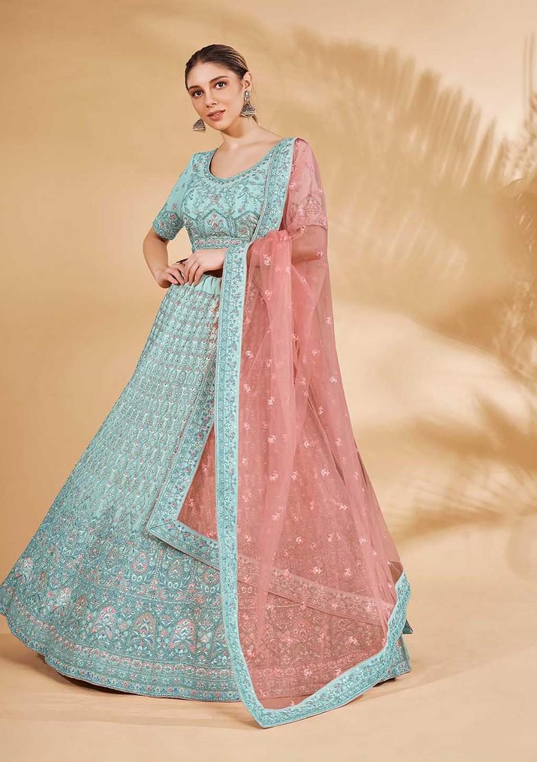 Blue Embroidered Poly Blend Lehenga Set