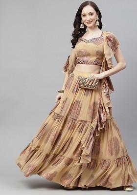 Beige Embellished Poly Blend Lehenga Set