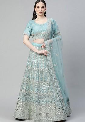 Turquoise Blue Embellished Poly Blend Lehenga Set