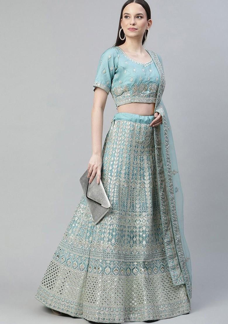 Turquoise Blue Embellished Poly Blend Lehenga Set