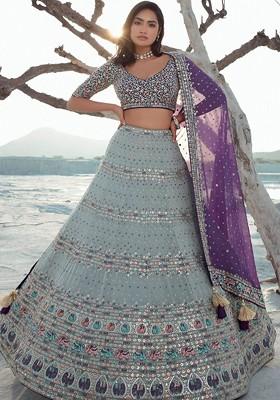 Grey Embroidered Poly Blend Lehenga Set