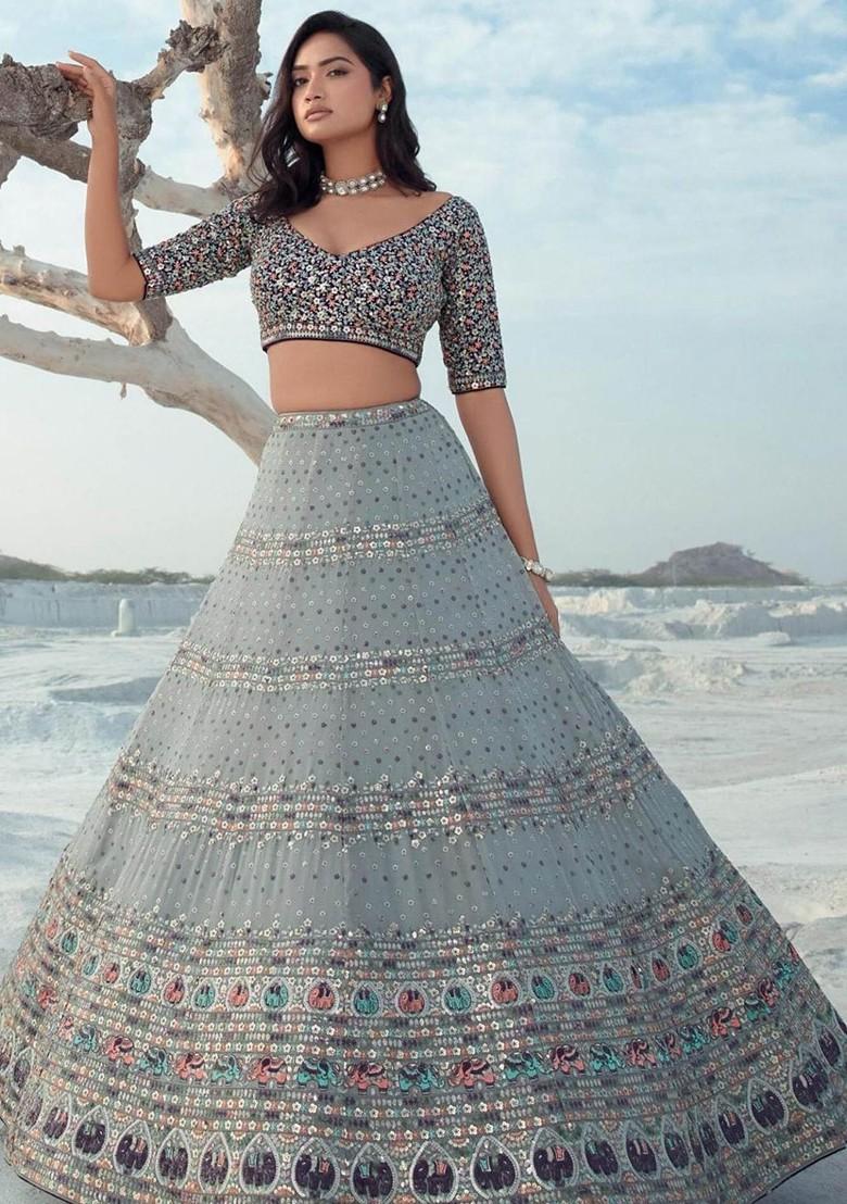 Grey Embroidered Poly Blend Lehenga Set