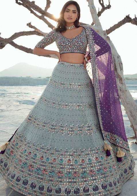 Grey Embroidered Poly Blend Lehenga Set
