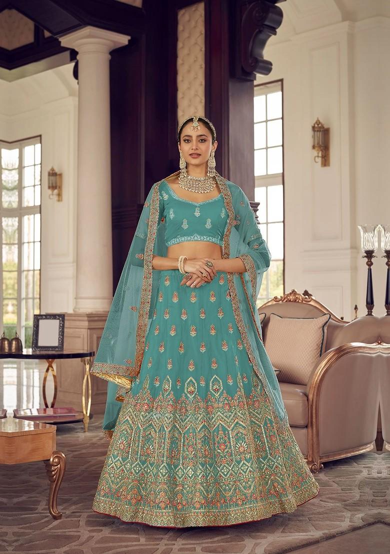 Turquoise Blue Embroidered Poly Blend Lehenga Set