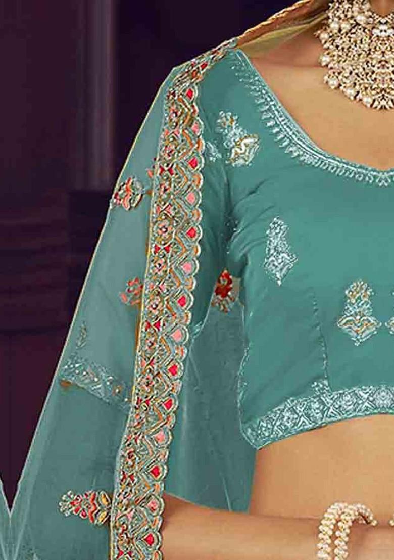 Turquoise Blue Embroidered Poly Blend Lehenga Set