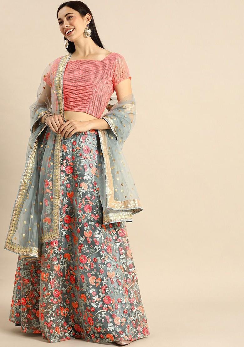 Grey Embroidered Poly Blend Lehenga Set