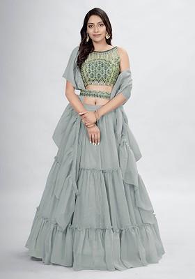 Grey Embroidered Poly Blend Lehenga Set