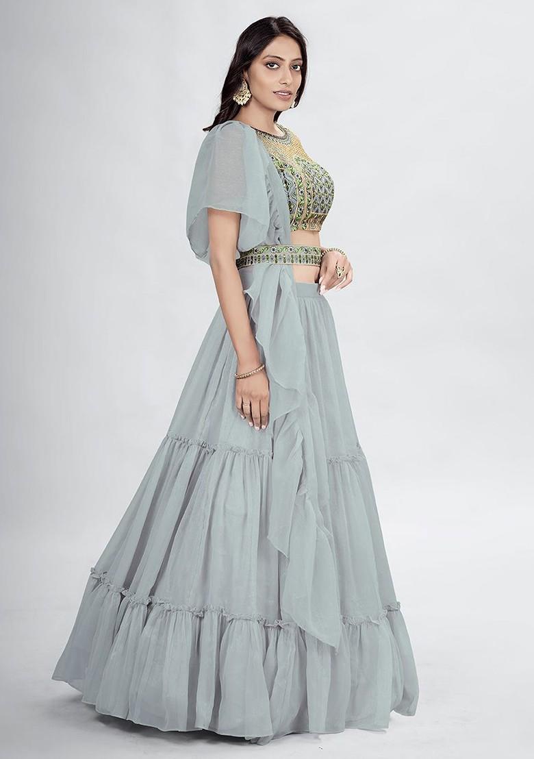 Grey Embroidered Poly Blend Lehenga Set