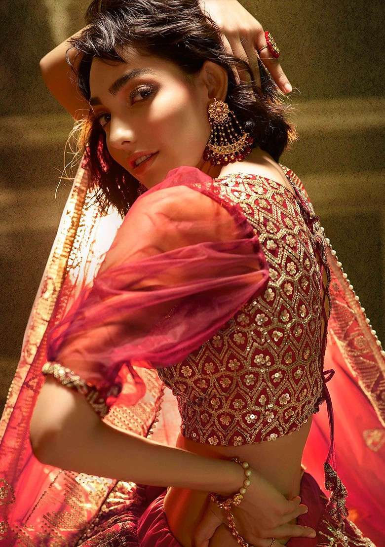 Maroon Poly Blend Lehenga Set with Embroidered for Diwali | Wedding & Festive Wear - Indya
