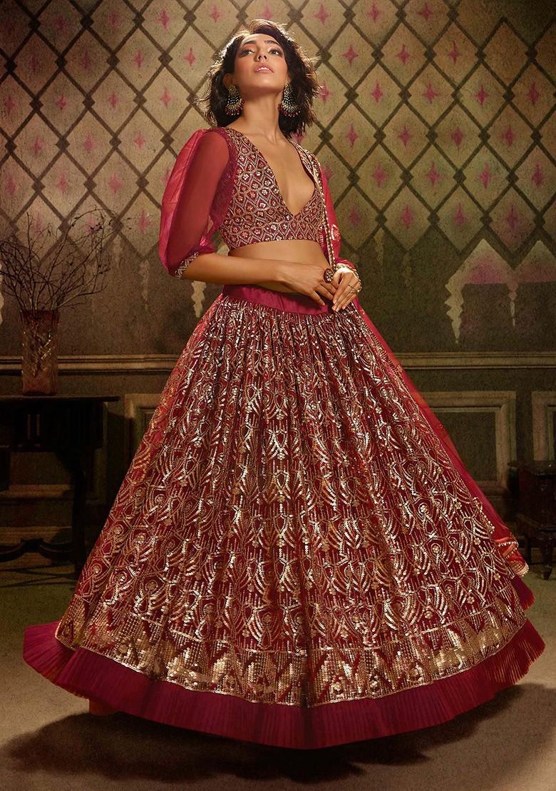 Maroon Embroidered Poly Blend Lehenga Set