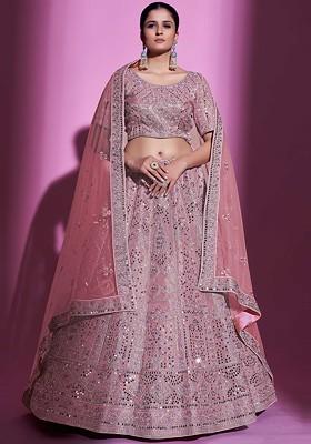 Pink Embellished Poly Blend Lehenga Set