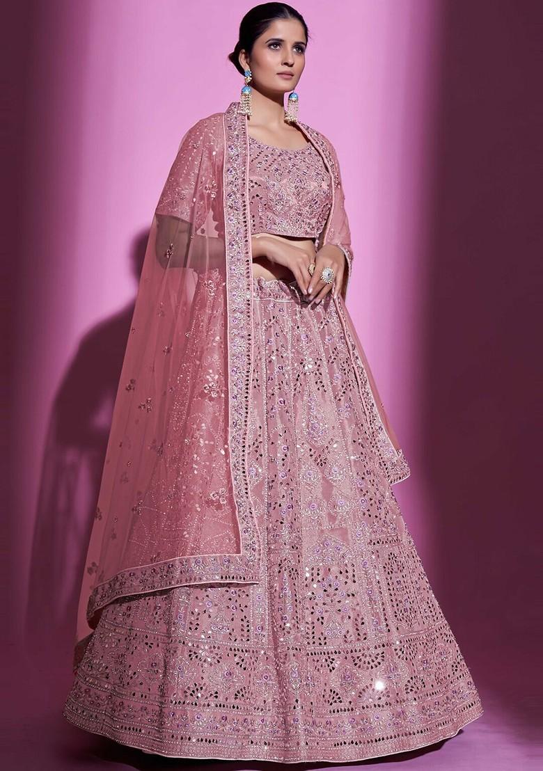 Pink Embellished Poly Blend Lehenga Set