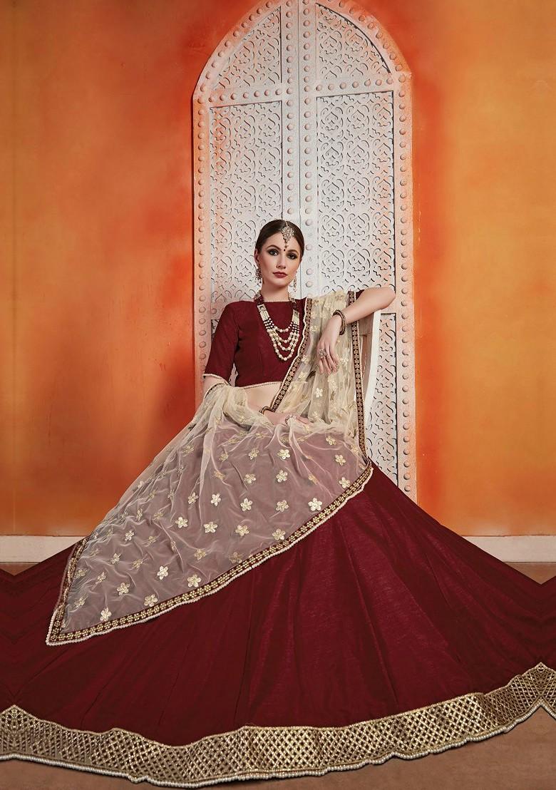 Maroon Embroidered Poly Blend Lehenga Set