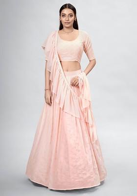 Peach Embroidered Poly Blend Lehenga Set