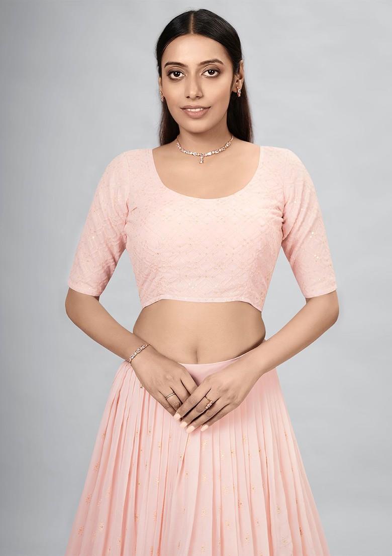 Peach Embroidered Poly Blend Lehenga Set