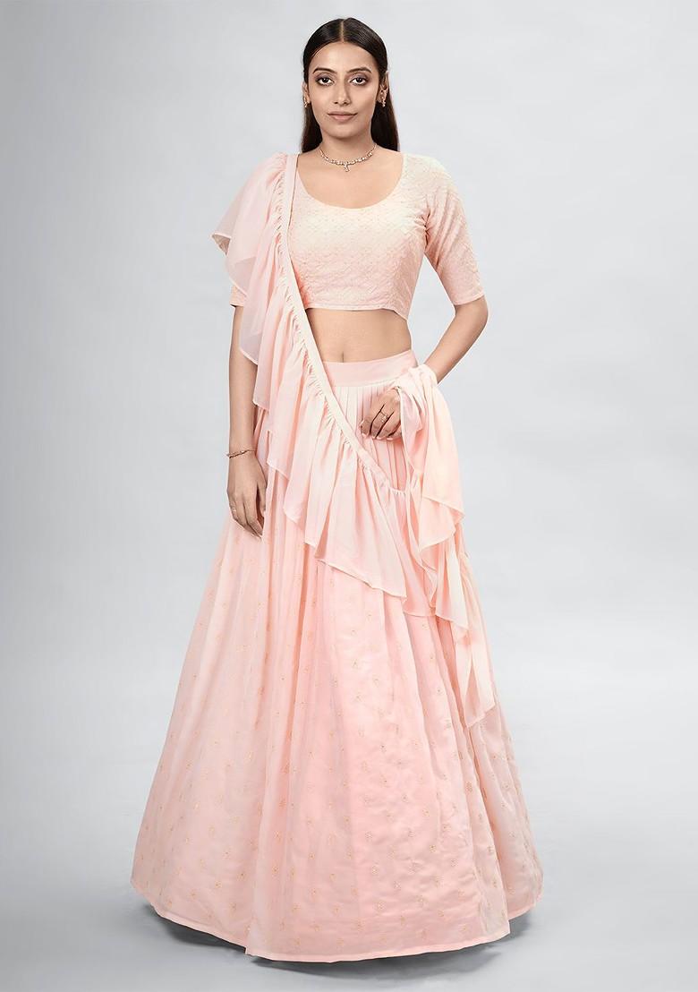 Peach Embroidered Poly Blend Lehenga Set