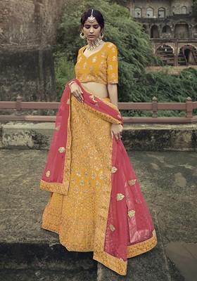 Yellow Embroidered Poly Blend Lehenga Set