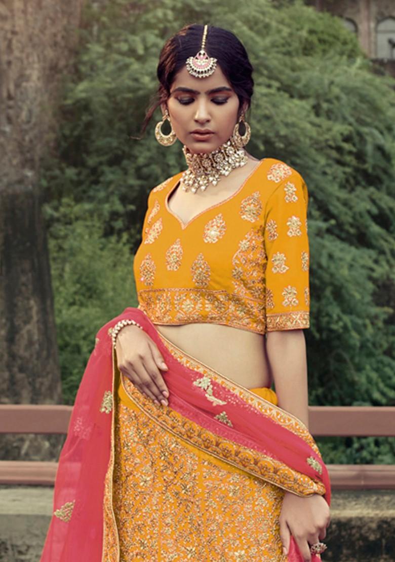 Yellow Embroidered Poly Blend Lehenga Set