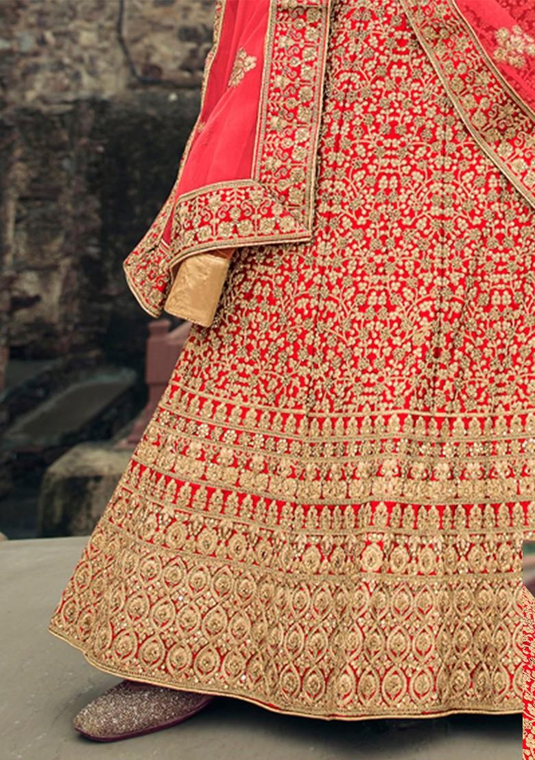 Red Embroidered Poly Blend Lehenga Set