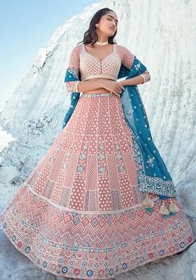 Peach Embroidered Poly Blend Lehenga Set