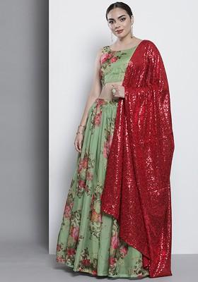 Green Printed Poly Blend Lehenga Set