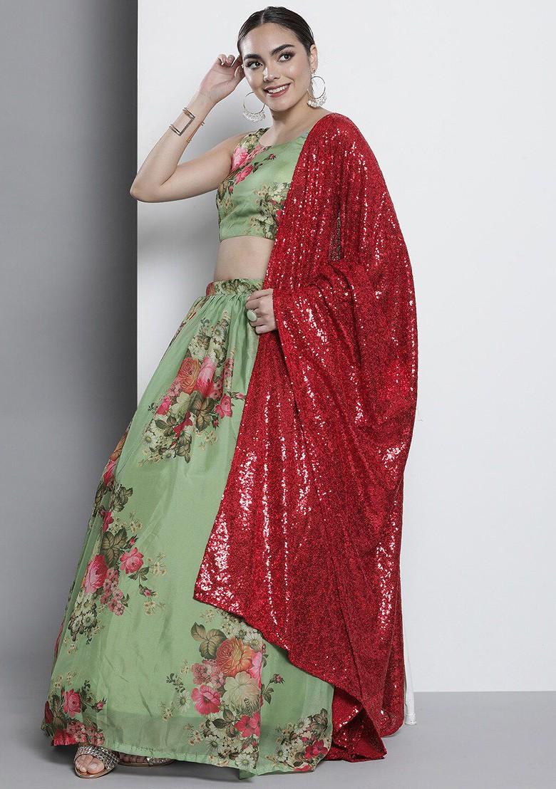 Green Printed Poly Blend Lehenga Set